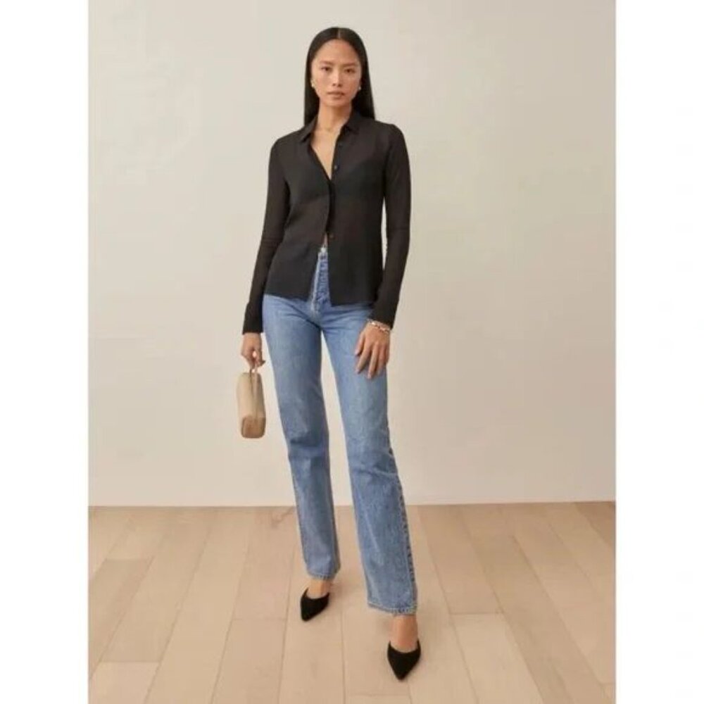 Reformation Sheer Black Button Up, Size Large